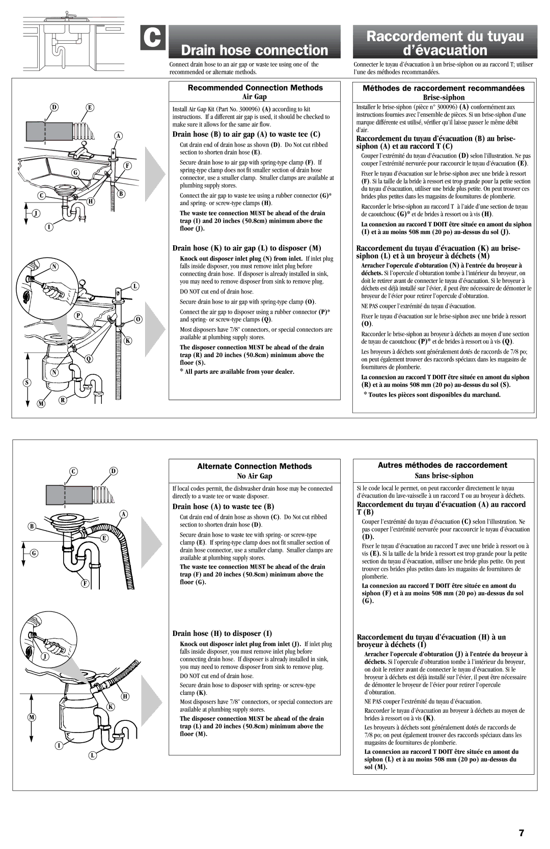 KitchenAid 9743822 dimensions Drain hose connection, Raccordement du tuyau ’évacuation 