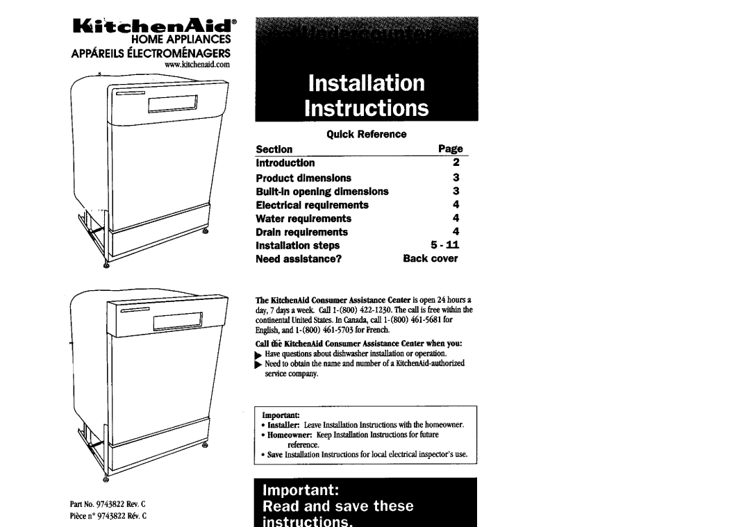 KitchenAid 9743822 installation instructions ItChenAid, KitchenAid Consumer Assistance Centeris open 24 hoursa 