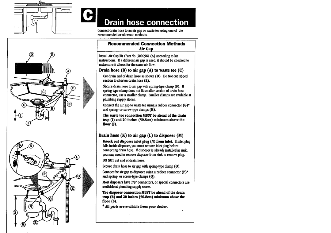 KitchenAid 9743822 installation instructions Drain hose B to air gap a to waste tee C, Sectionto shortendrainhose E 