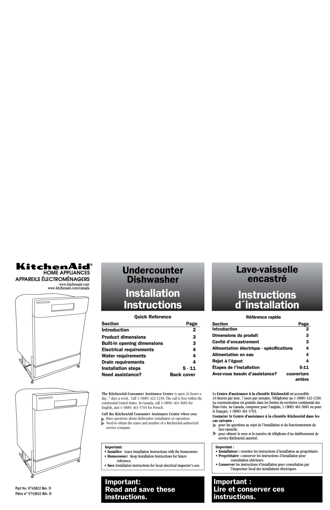 KitchenAid 9743822 dimensions Instructions d´installation, Installation, Undercounter, Dishwasher, Lave-vaisselle encastré 