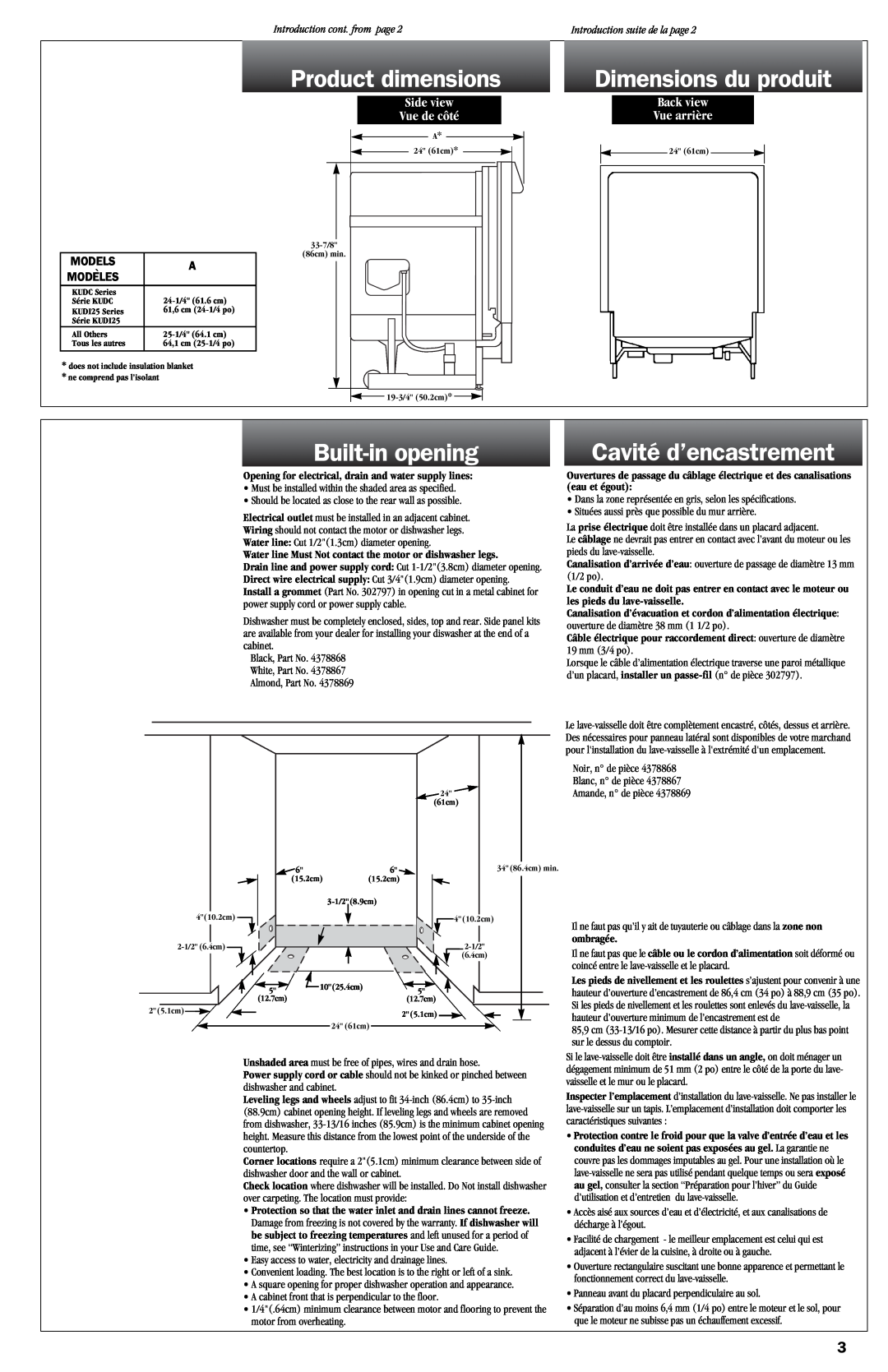 KitchenAid 9743822 Product dimensions, Dimensions du produit, Built-in opening, Cavité d’encastrement, Models, Modeles 