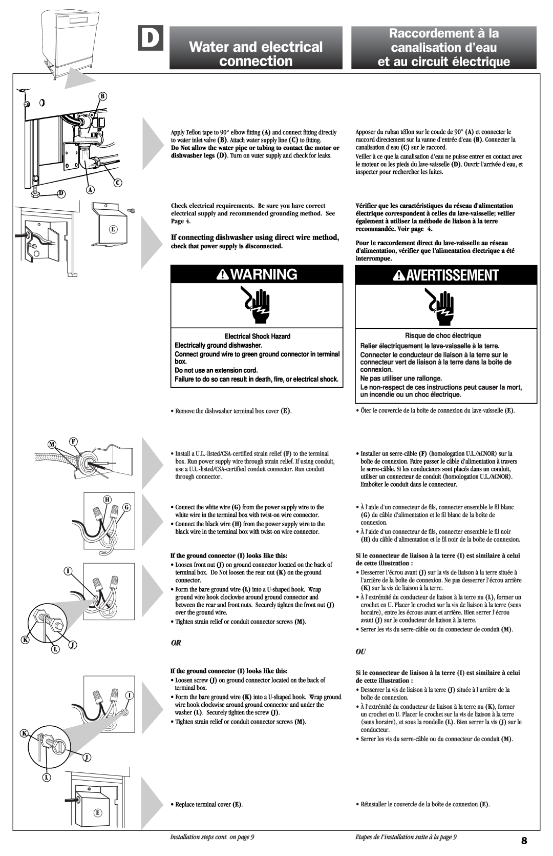 KitchenAid 9743822 Water and electrical, connection, Avertissement, If connecting dishwasher using direct wire method 