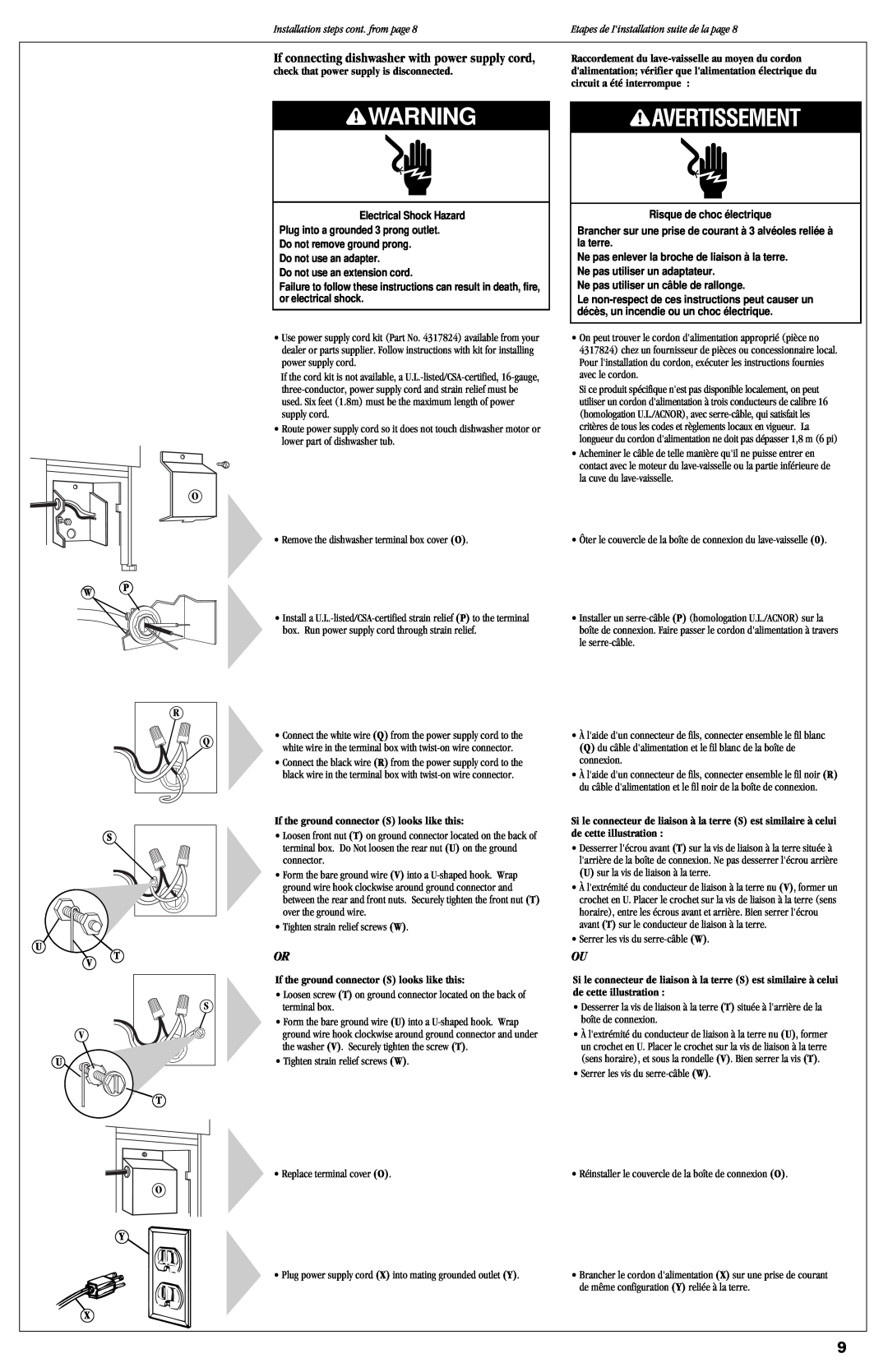 KitchenAid 9743822 If connecting dishwasher with power supply cord, Avertissement, Installation steps cont. from page 