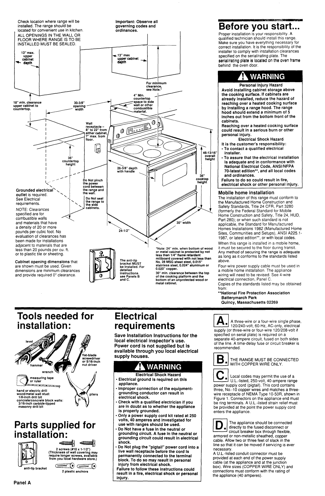 KitchenAid 9750520 REV A Before you start, Tools needed for installation, Parts supplied for installation, Panel a 