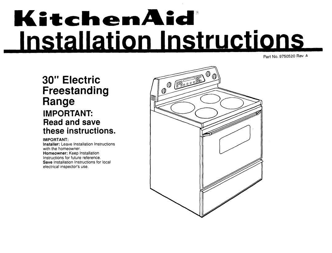 KitchenAid 9750520 REV A installation instructions I InstruCtIons, KiitchenAPd, 30” Electric Freestanding Range 