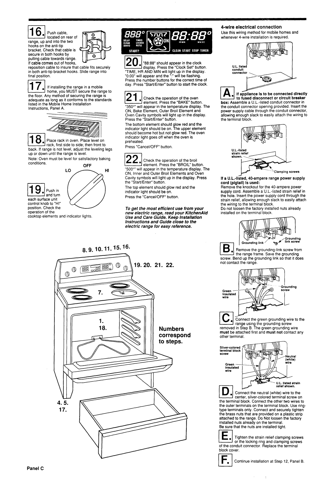 KitchenAid 9750520 REV A LO n, wire electrical connection, Panel C, l-z-l, 8.9. IO. 11.15. ‘6, Numbers, to steps 
