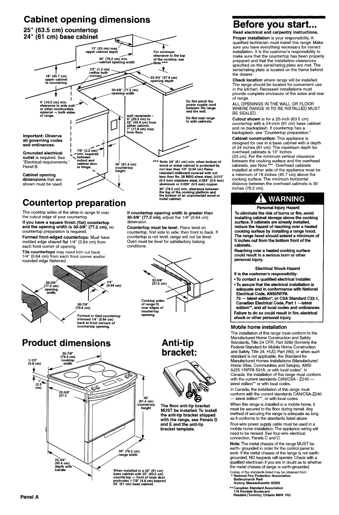 KitchenAid 9751596 installation instructions Before you start, Bracket, Panel a, Mobile home installation 