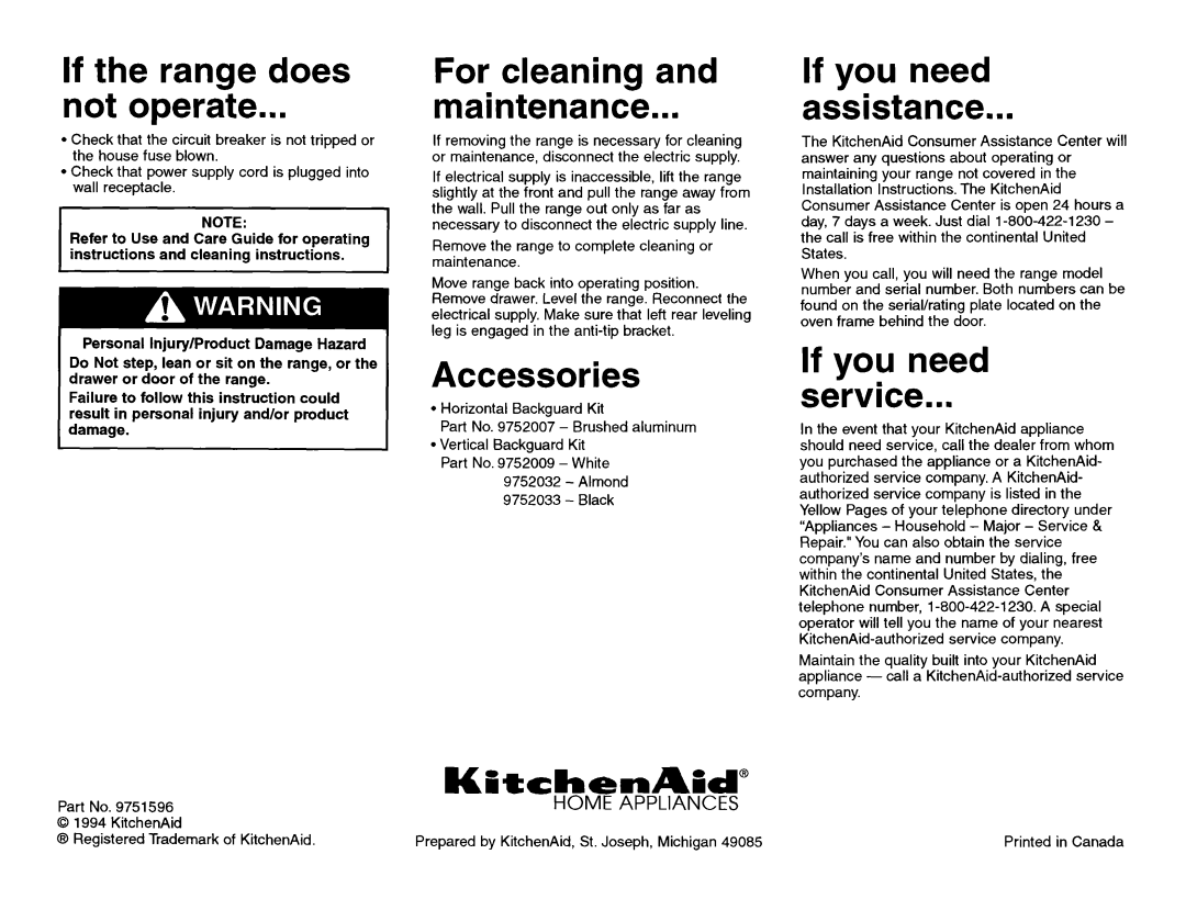 KitchenAid 9751596 If the range does not operate, For cleaning and maintenance, Accessories, If you need assistance 