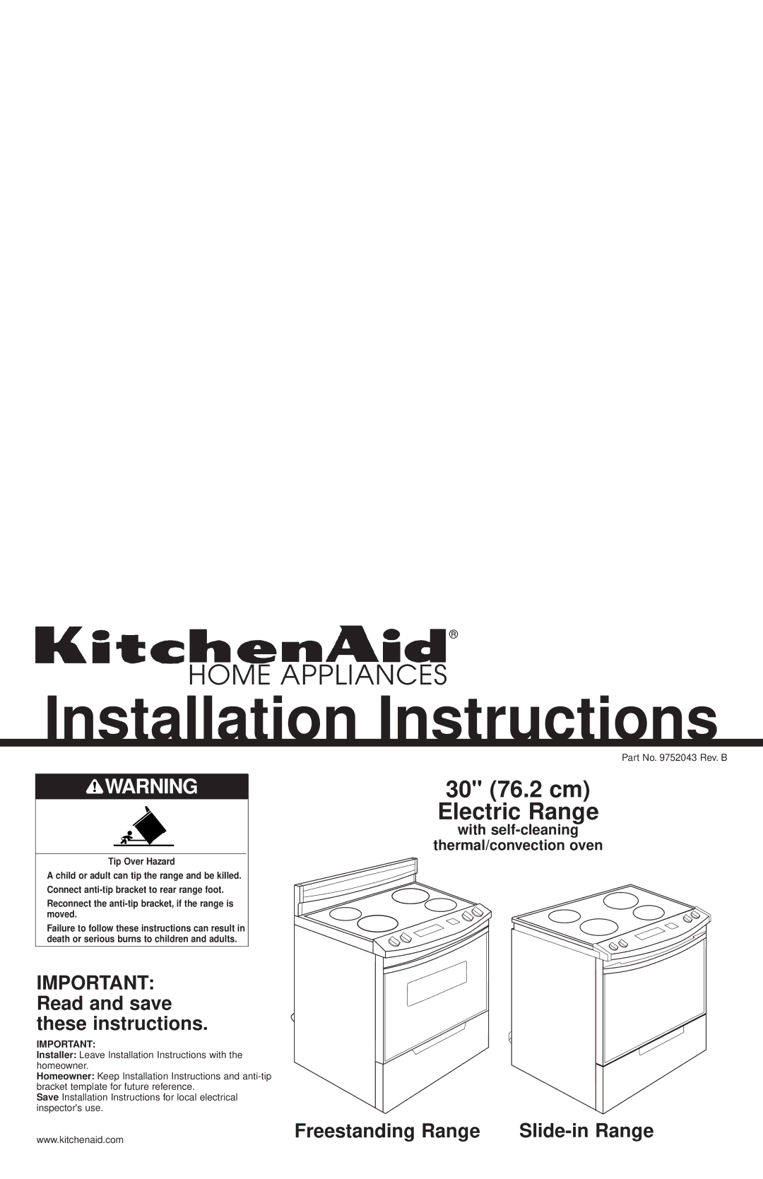 KitchenAid 9752043 installation instructions Installation Instructions, 30 76.2 cm Electric Range 