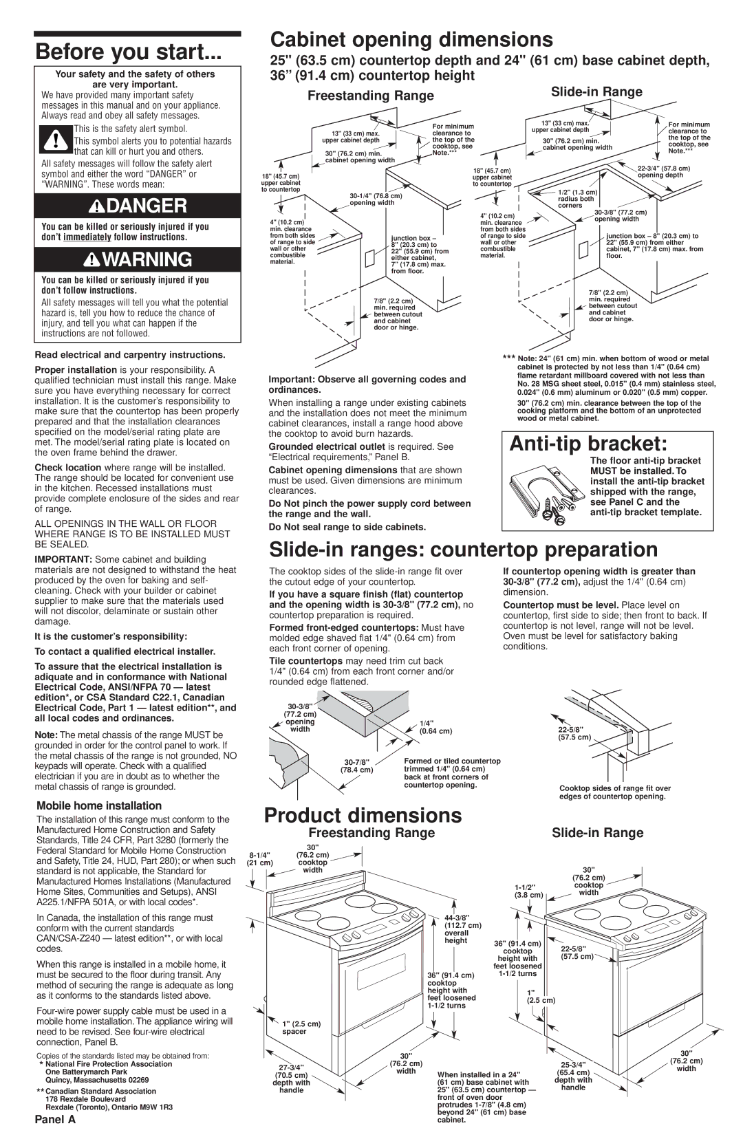 KitchenAid 9752043 installation instructions Before you start, Mobile home installation, Panel a 