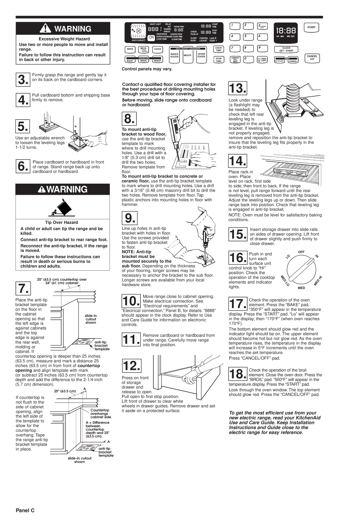 KitchenAid 9752043 installation instructions Panel C, Control panels may vary 