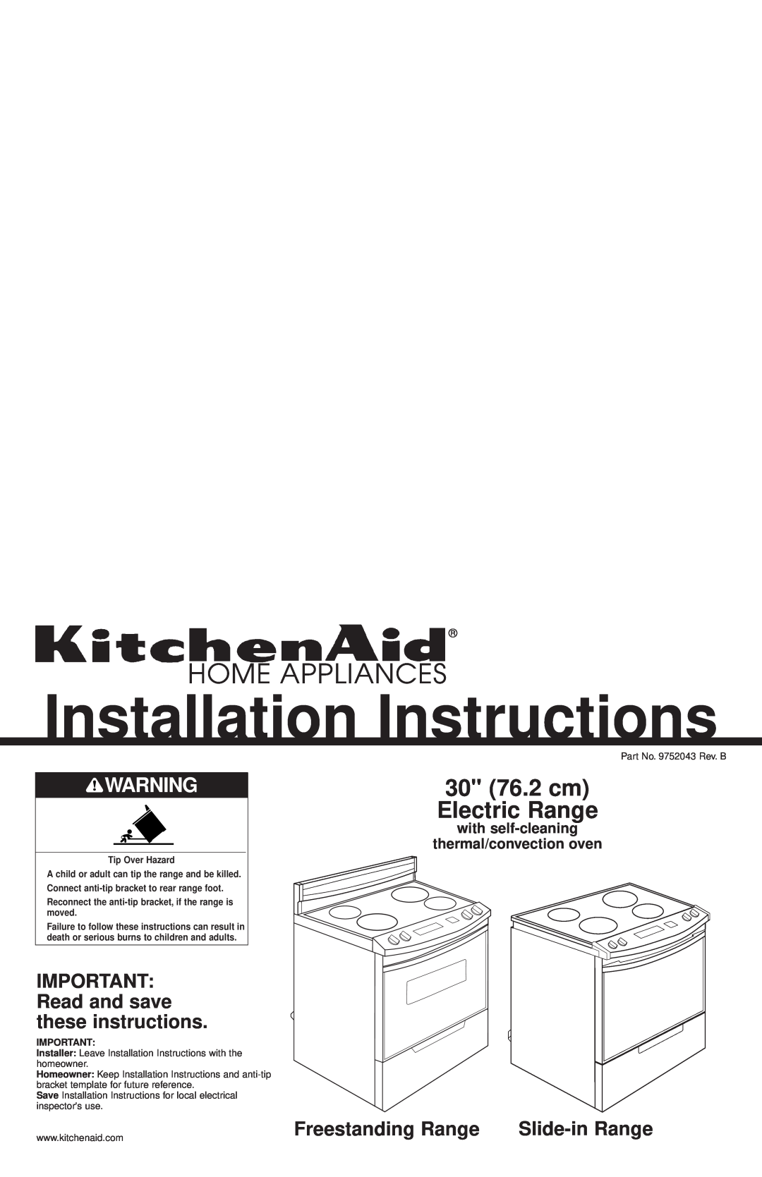 KitchenAid 9752043 installation instructions 30 76.2 cm Electric Range, with self-cleaning thermal/convection oven 