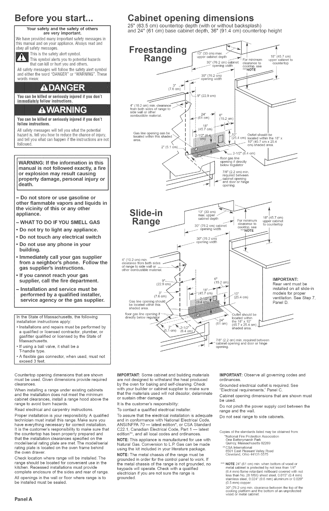 KitchenAid 9755235 installation instructions Cabinet opening dimensions, Freestanding, Range, Slide-in, Before you start 