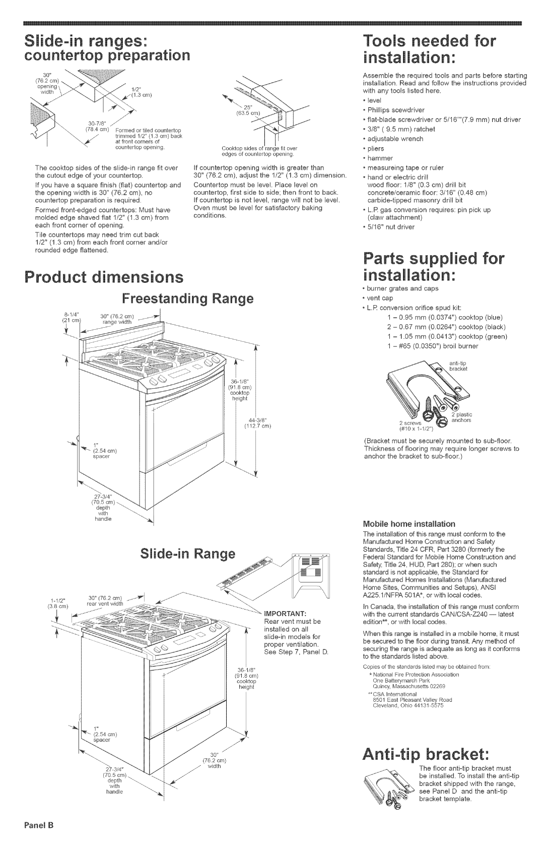 KitchenAid 9755235 Ation, Uct dimensions, Countertop preparation, Freestanding Range, Slide-in Range 