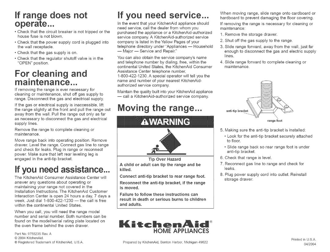 KitchenAid 9755235 installation instructions For cleaning, If you need service, Moving the range 