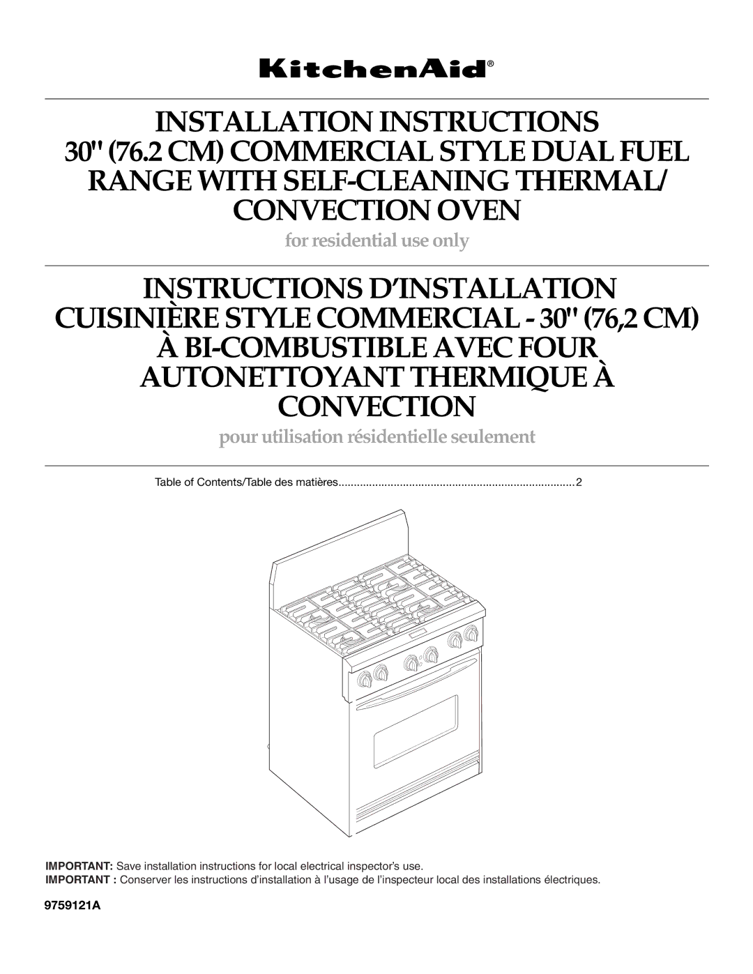 KitchenAid 9759121A installation instructions Convection 