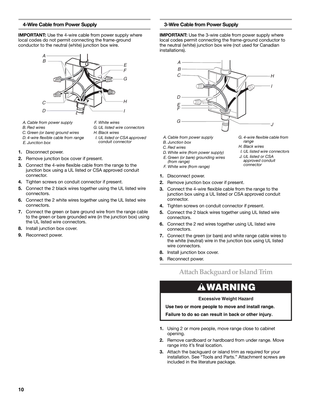 KitchenAid 9759121A installation instructions Attach Backguard or Island Trim, Wire Cable from Power Supply 