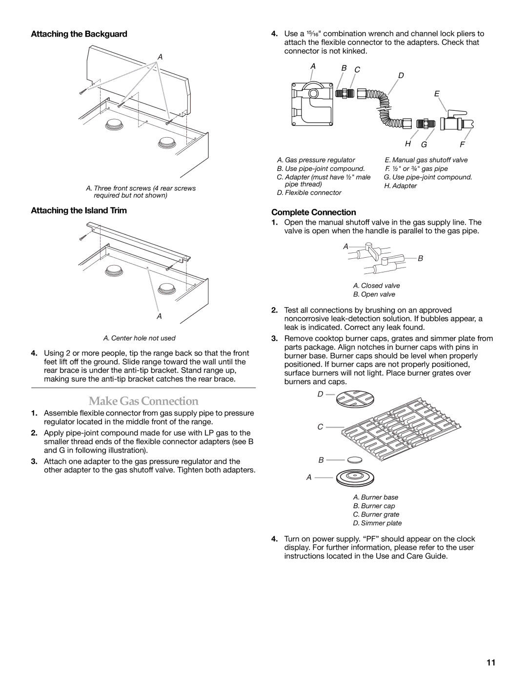 KitchenAid 9759121A Make Gas Connection, Attaching the Backguard, Attaching the Island Trim, Complete Connection 