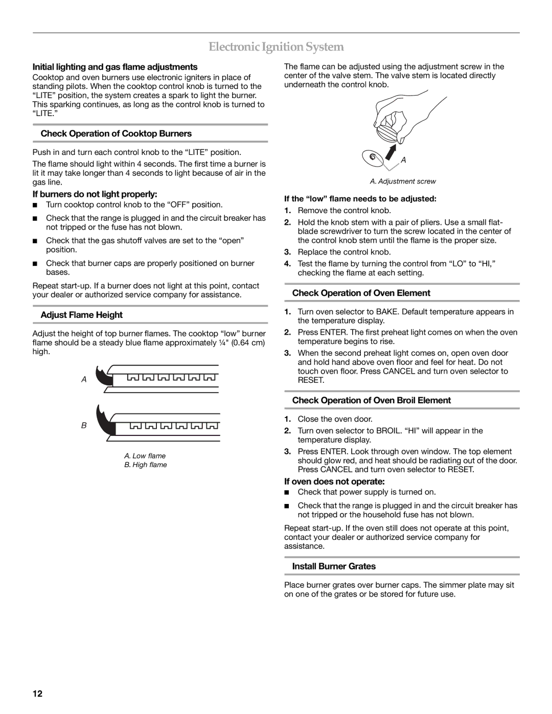 KitchenAid 9759121A installation instructions Electronic Ignition System 