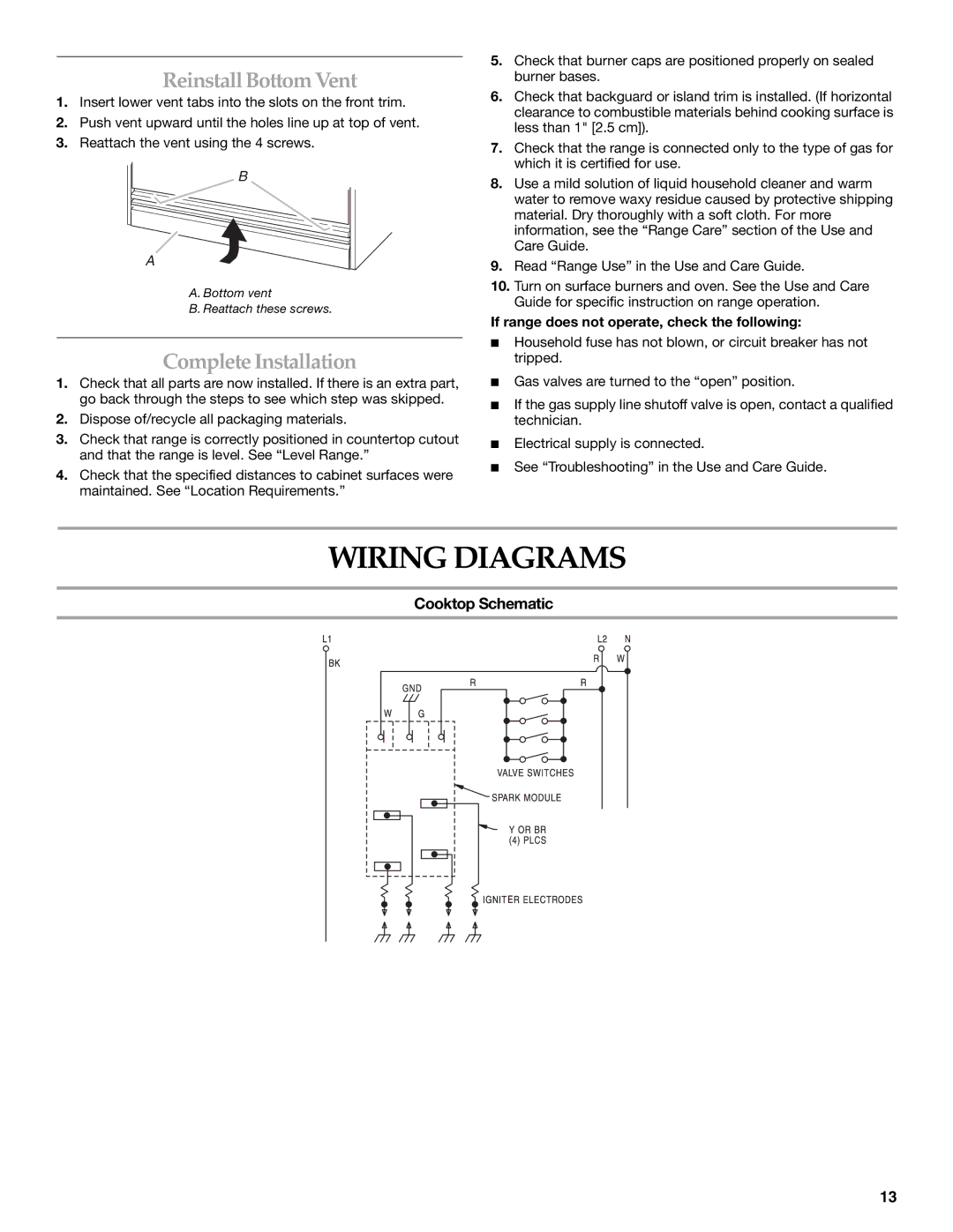 KitchenAid 9759121A Wiring Diagrams, ReinstallBottom Vent, Complete Installation, Cooktop Schematic 