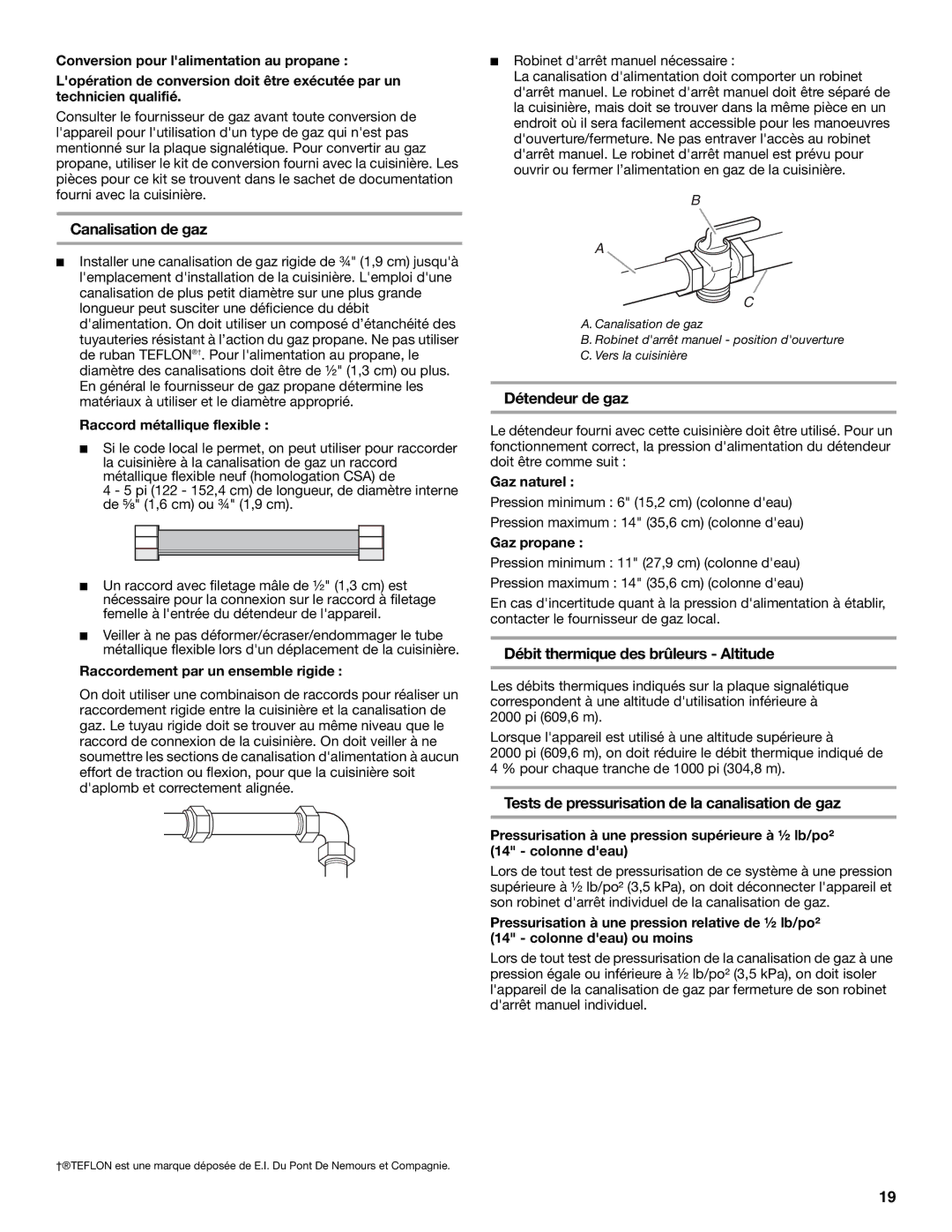 KitchenAid 9759121A installation instructions Canalisation de gaz, Détendeur de gaz, Débit thermique des brûleurs Altitude 