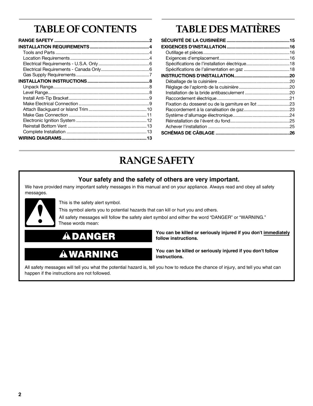 KitchenAid 9759121A installation instructions Table DES Matières, Range Safety 