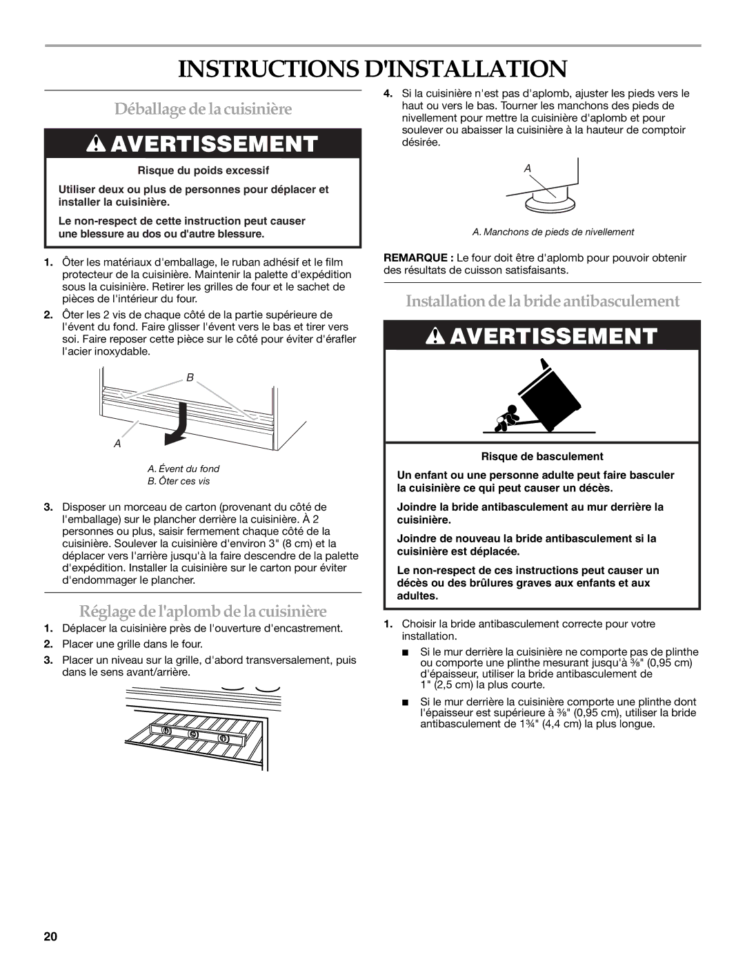 KitchenAid 9759121A Instructions Dinstallation, Déballage de la cuisinière, Réglage de laplomb de la cuisinière 