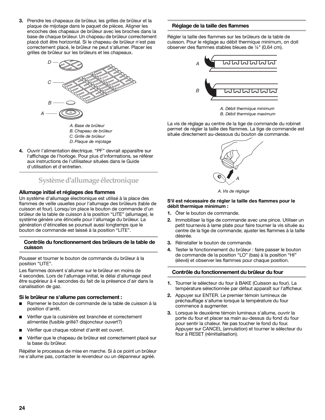 KitchenAid 9759121A installation instructions Système dallumage électronique, Allumage initial et réglages des flammes 