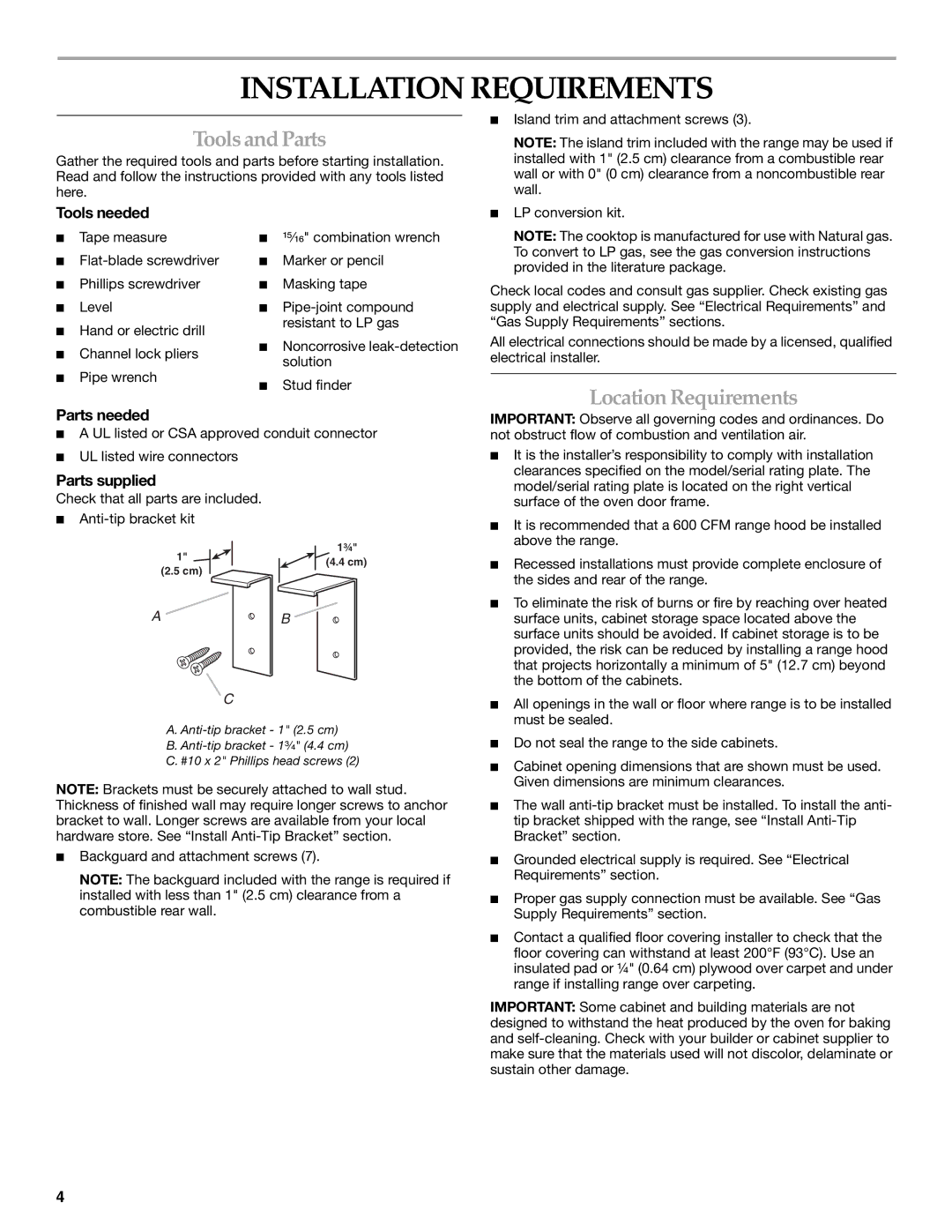 KitchenAid 9759121A installation instructions Installation Requirements, Toolsand Parts, Location Requirements 