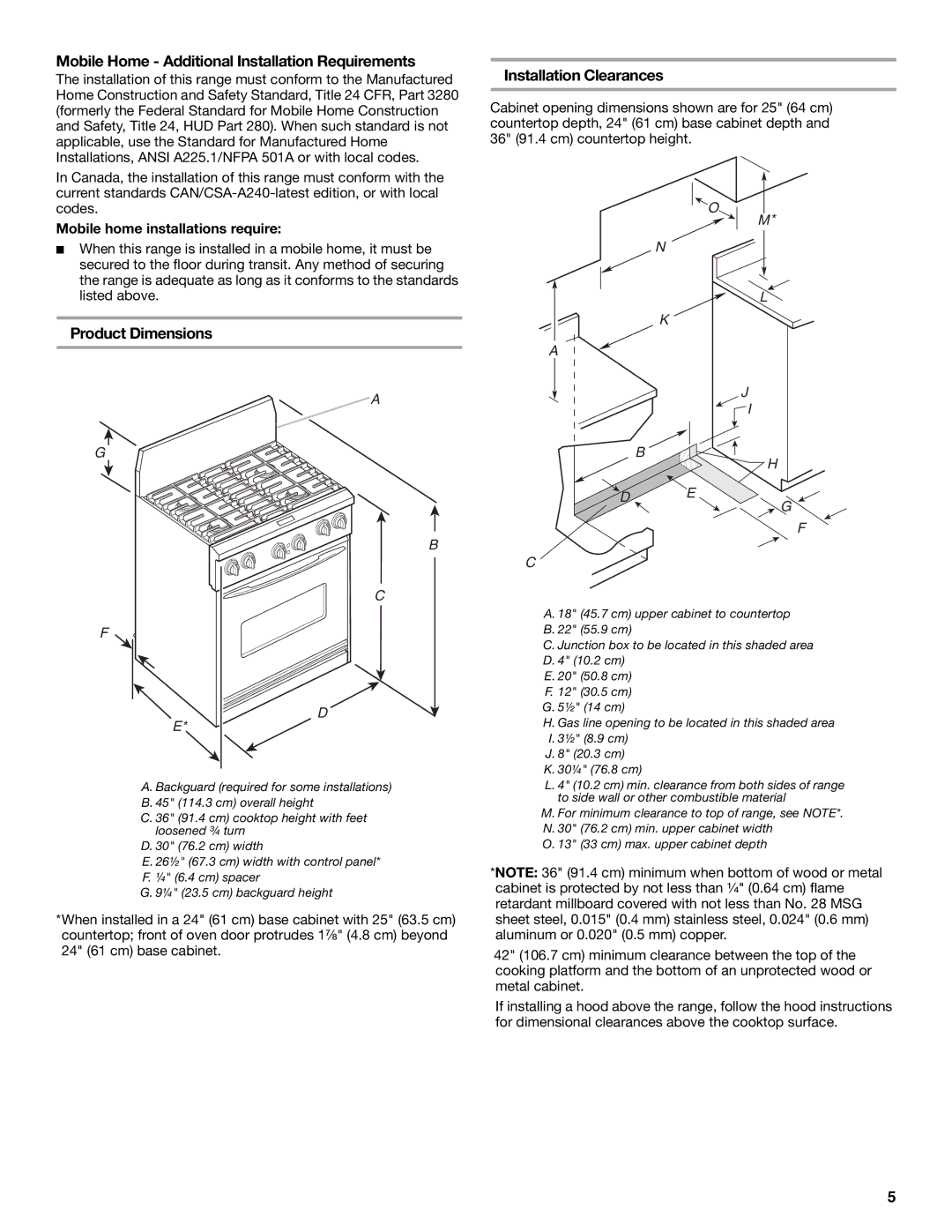 KitchenAid 9759121A Mobile Home Additional Installation Requirements, Product Dimensions Installation Clearances 