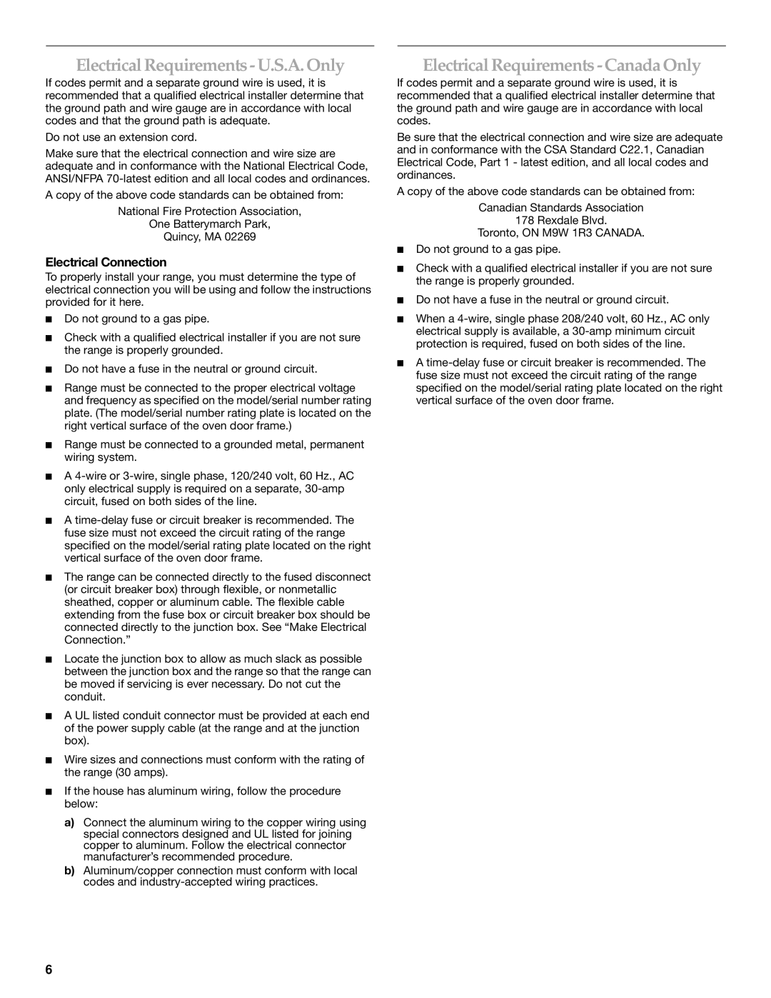 KitchenAid 9759121A ElectricalRequirements- U.S.A. Only, Electrical Requirements -Canada Only, Electrical Connection 