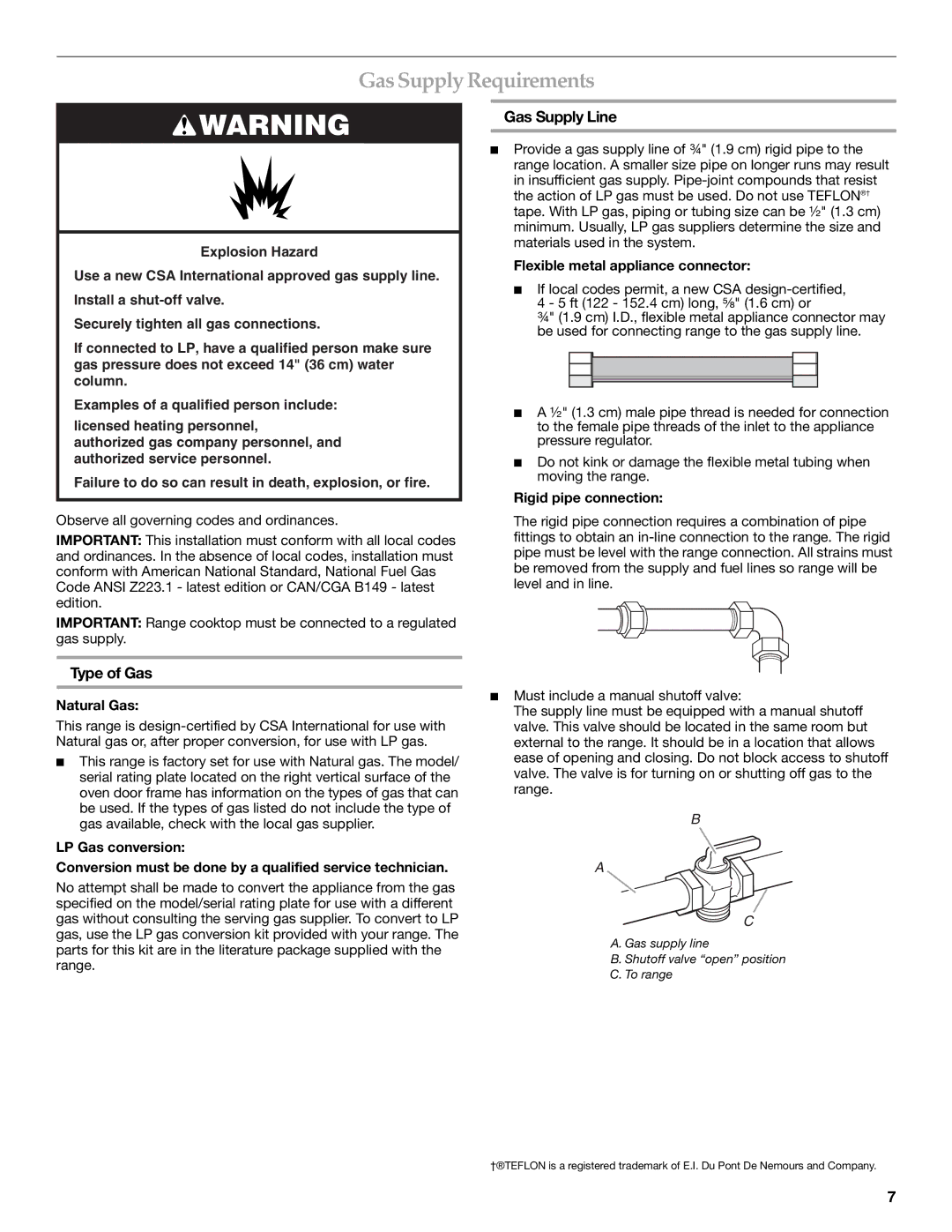 KitchenAid 9759121A installation instructions GasSupply Requirements, Gas Supply Line, Type of Gas 