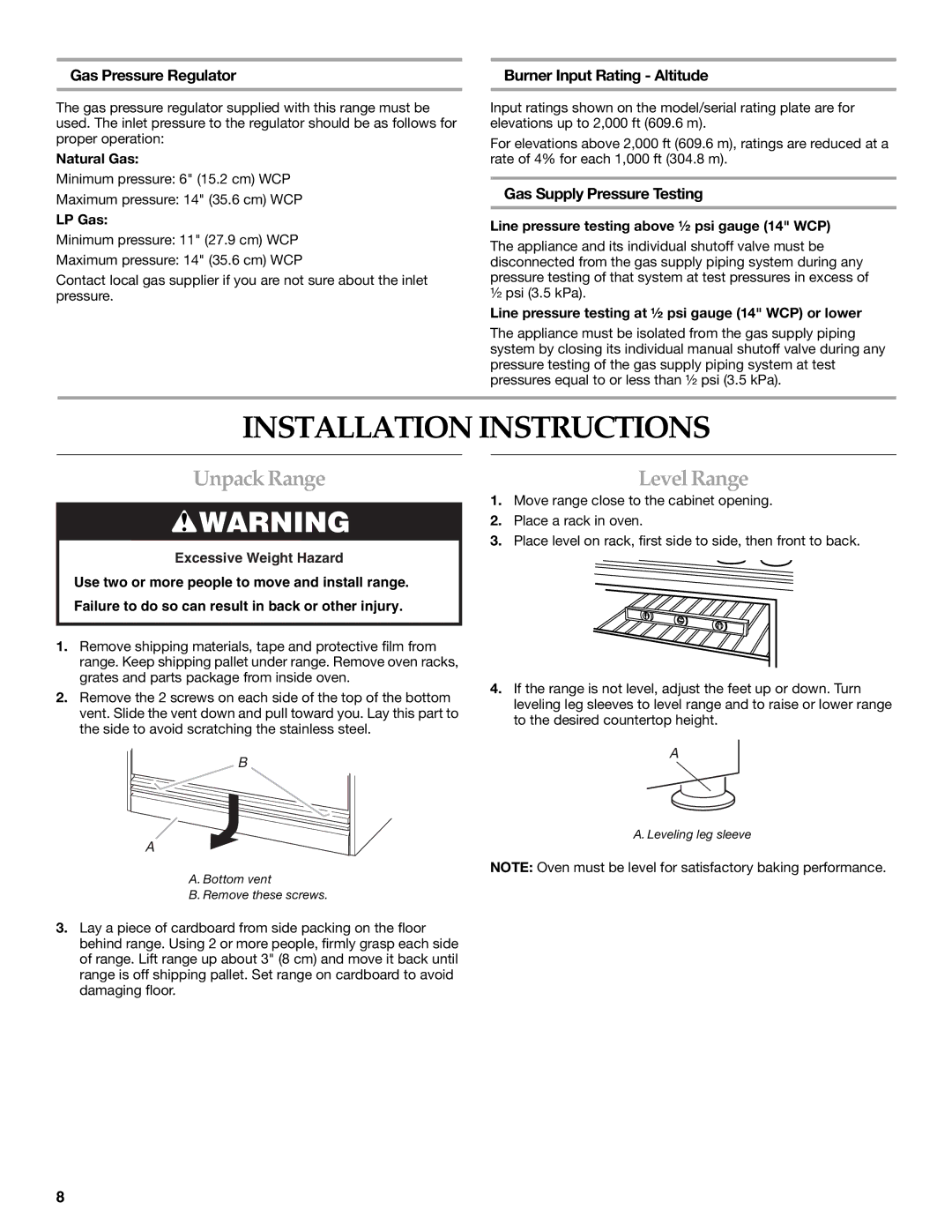 KitchenAid 9759121A installation instructions Installation Instructions, Unpack Range, Level Range 