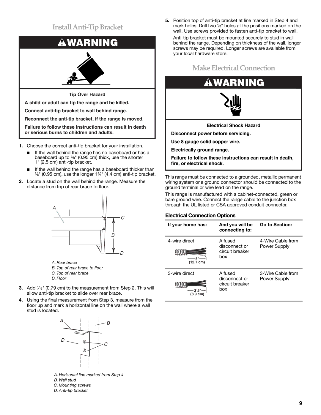 KitchenAid 9759121A InstallAnti-Tip Bracket, Make Electrical Connection, Electrical Connection Options 