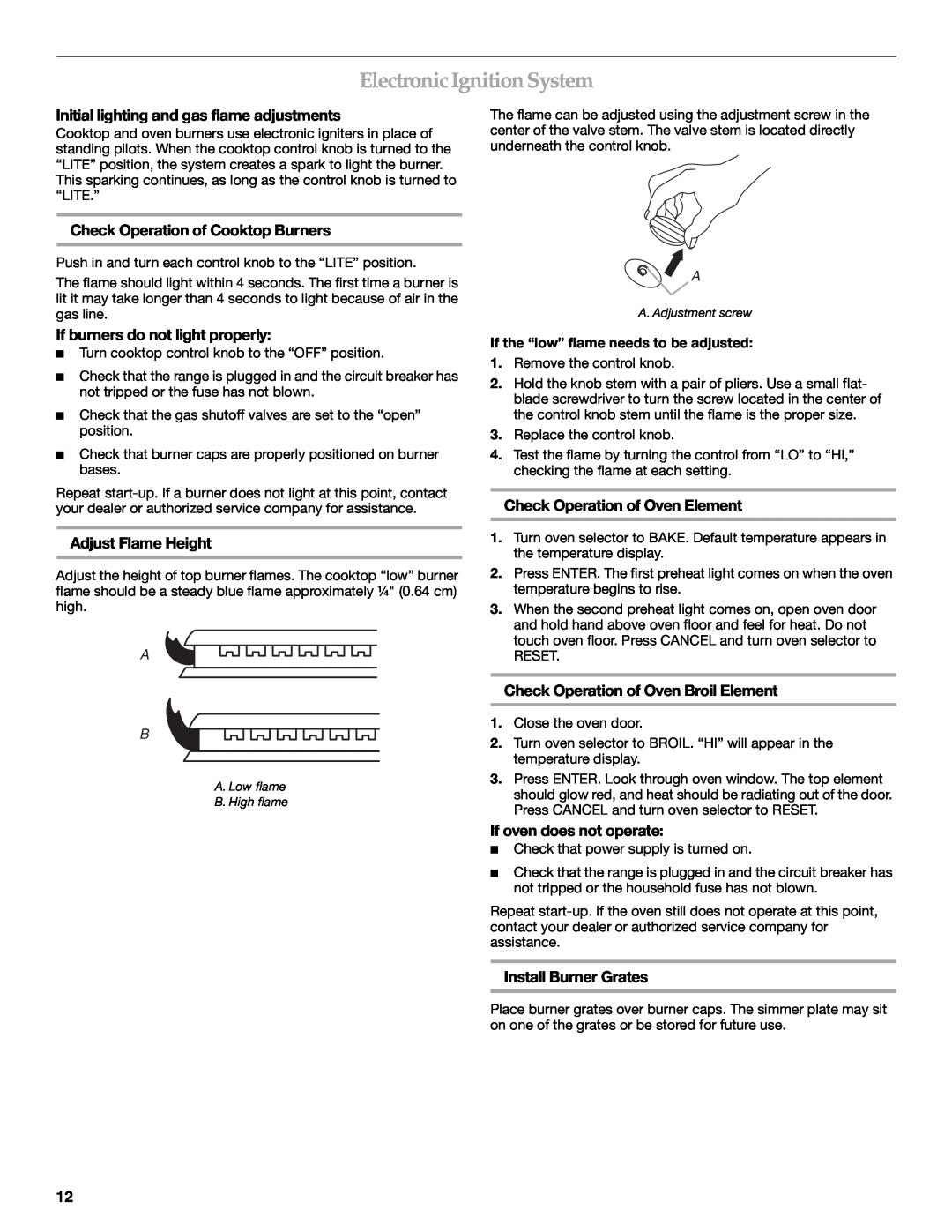 KitchenAid 9759121A Electronic Ignition System, Initial lighting and gas flame adjustments, Adjust Flame Height 