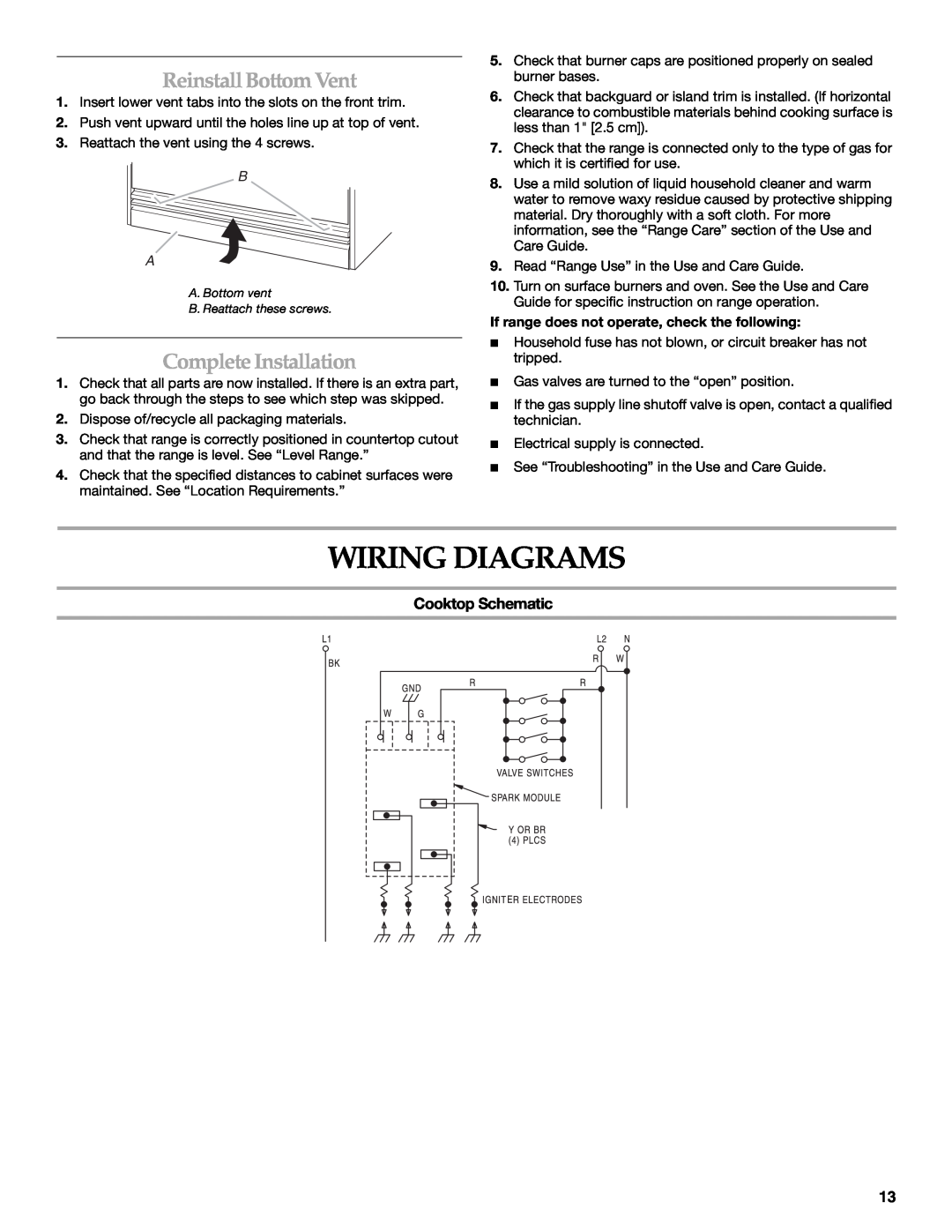 KitchenAid 9759121A Wiring Diagrams, ReinstallBottom Vent, Complete Installation, Cooktop Schematic 