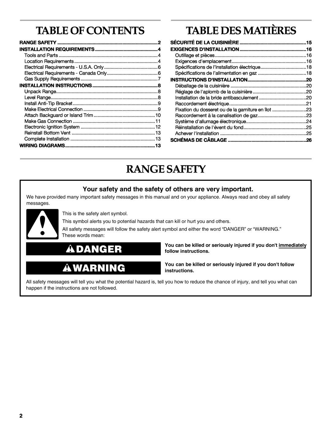 KitchenAid 9759121A Table Des Matières, Range Safety, Danger, Table Of Contents, Installation Requirements 