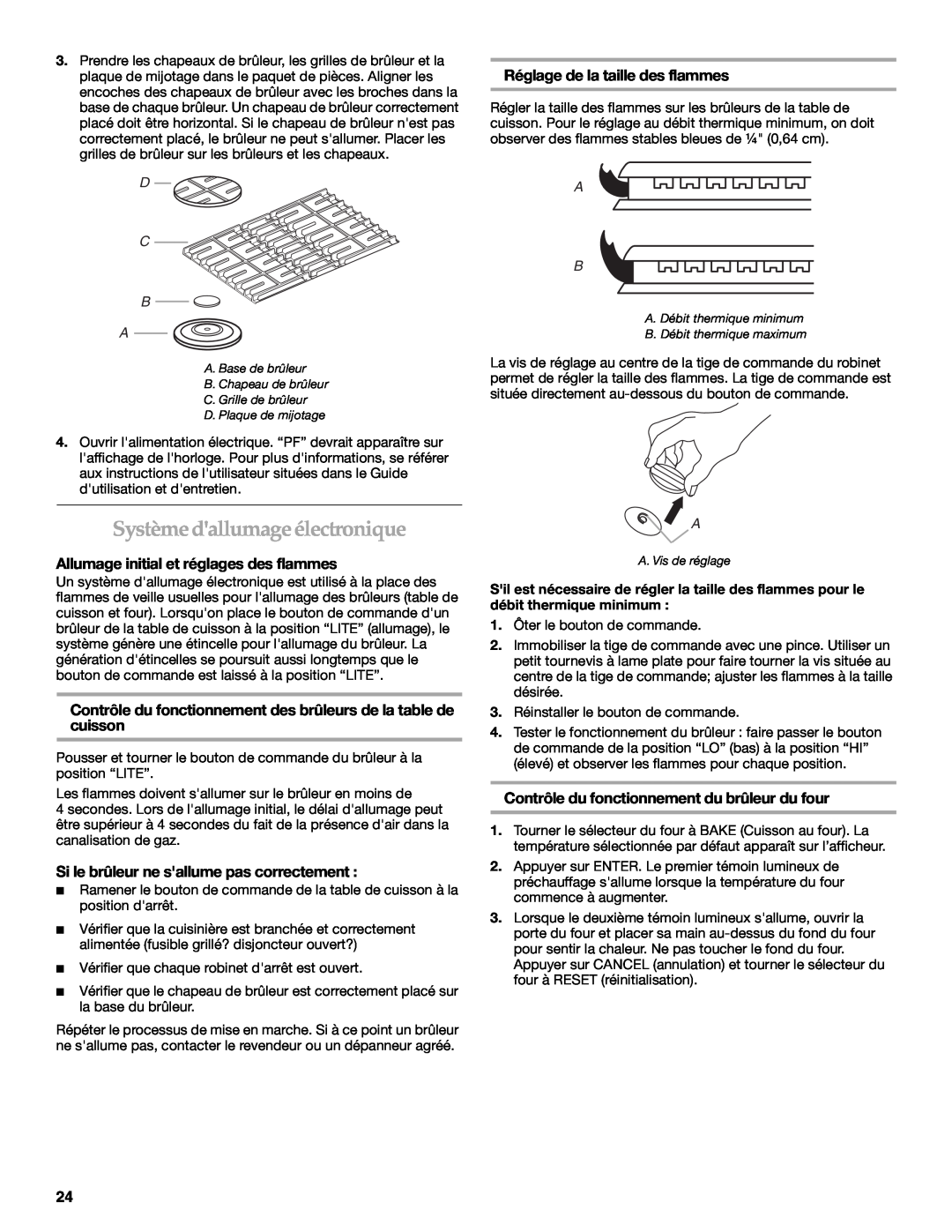KitchenAid 9759121A Système dallumage électronique, Allumage initial et réglages des flammes, C B A 