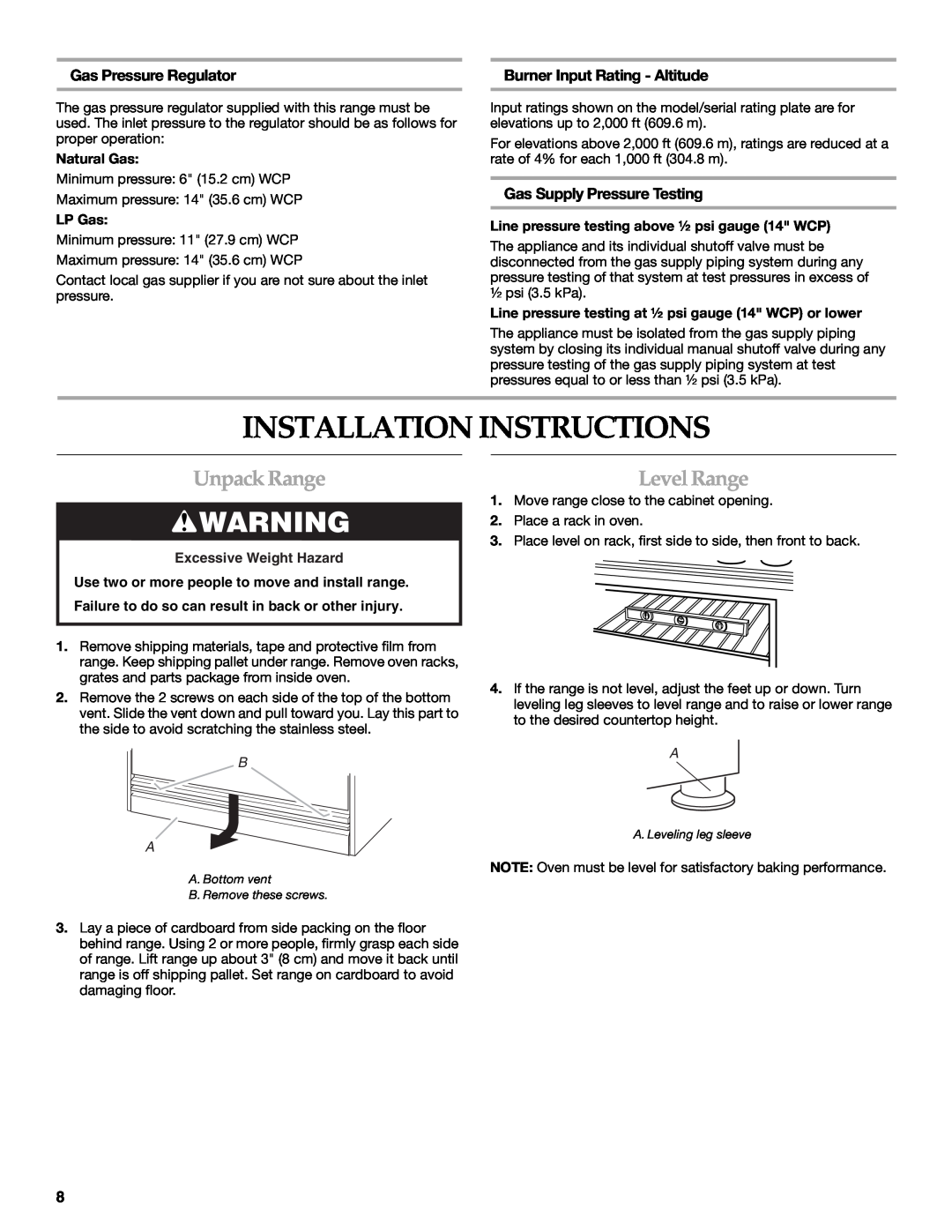 KitchenAid 9759121A Installation Instructions, Unpack Range, Level Range, Gas Pressure Regulator, Natural Gas, LP Gas 