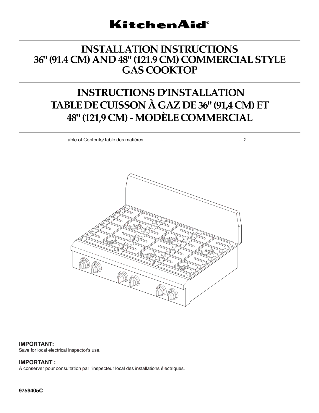 KitchenAid 9759405C installation instructions Installation Instructions, GAS Cooktop, 48 121,9 CM Modèle Commercial 