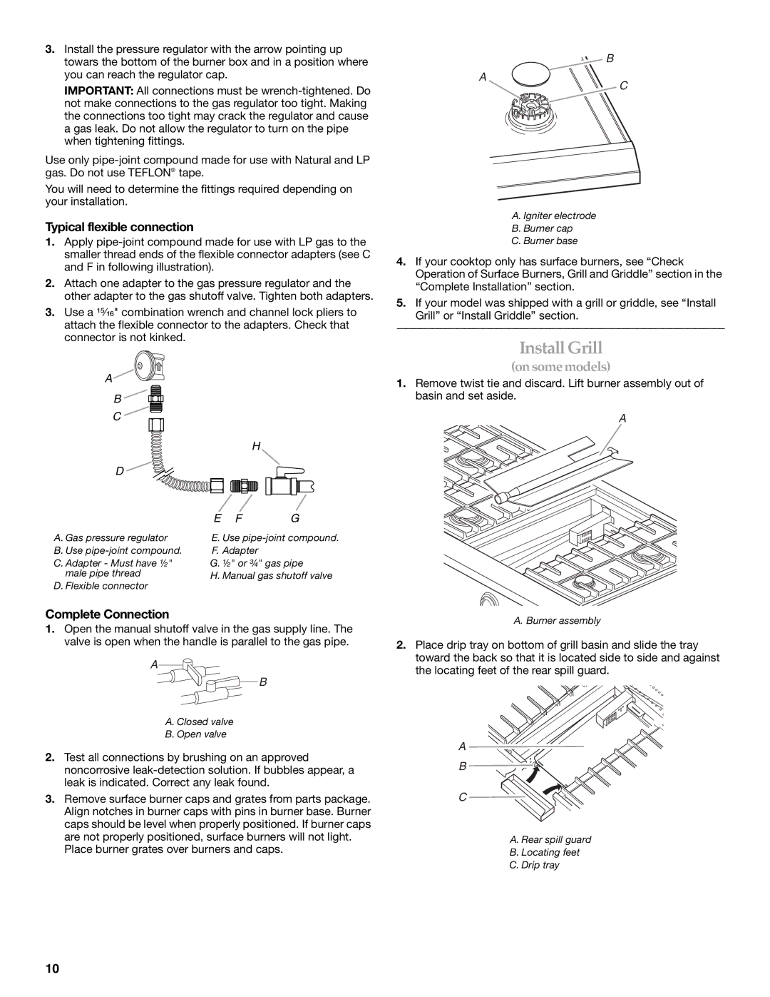 KitchenAid 9759405C installation instructions Install Grill, Typical flexible connection, Complete Connection 