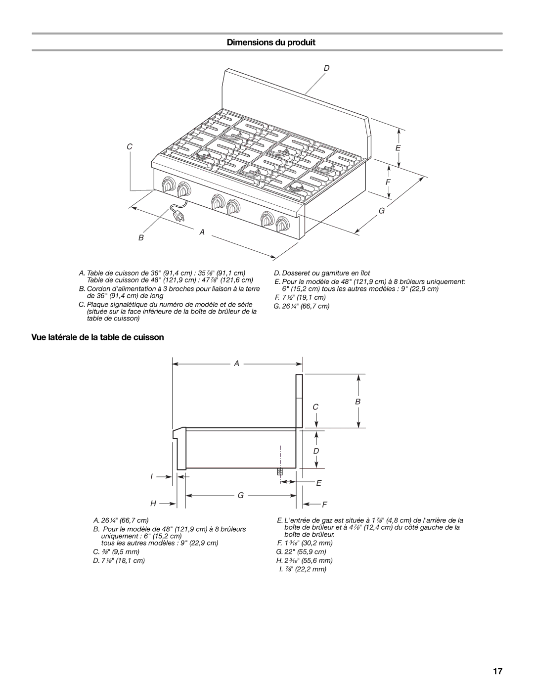 KitchenAid 9759405C installation instructions Dimensions du produit, Vue latérale de la table de cuisson 