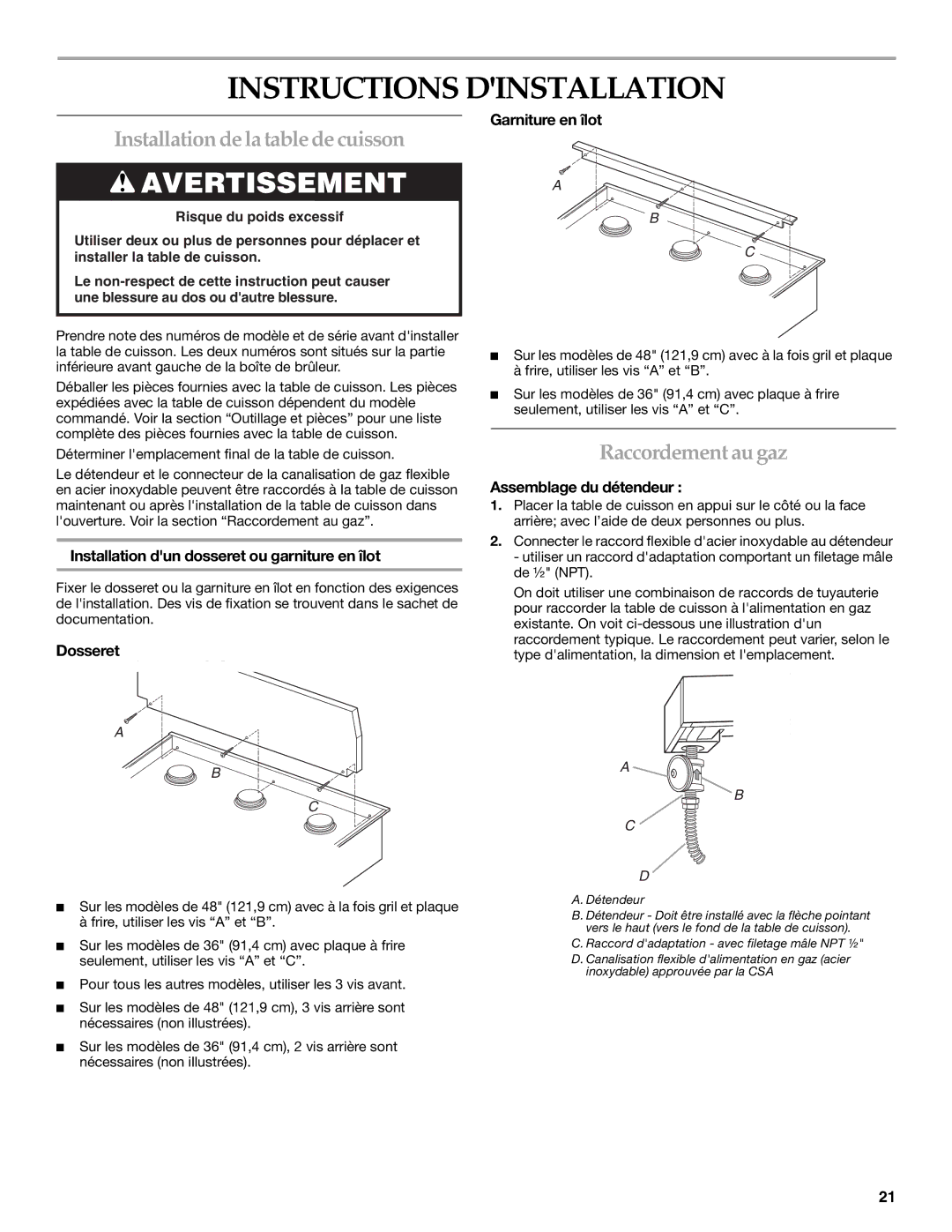 KitchenAid 9759405C Installation delatabledecuisson, Raccordementau gaz, Installation dun dosseret ou garniture en îlot 