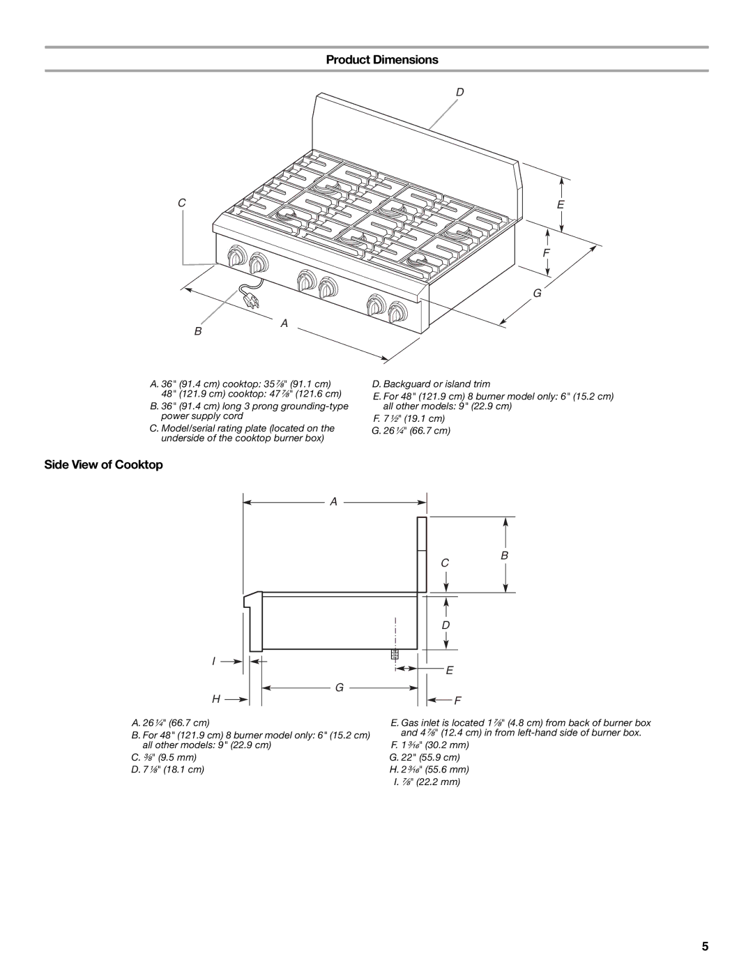 KitchenAid 9759405C installation instructions Product Dimensions, Side View of Cooktop 