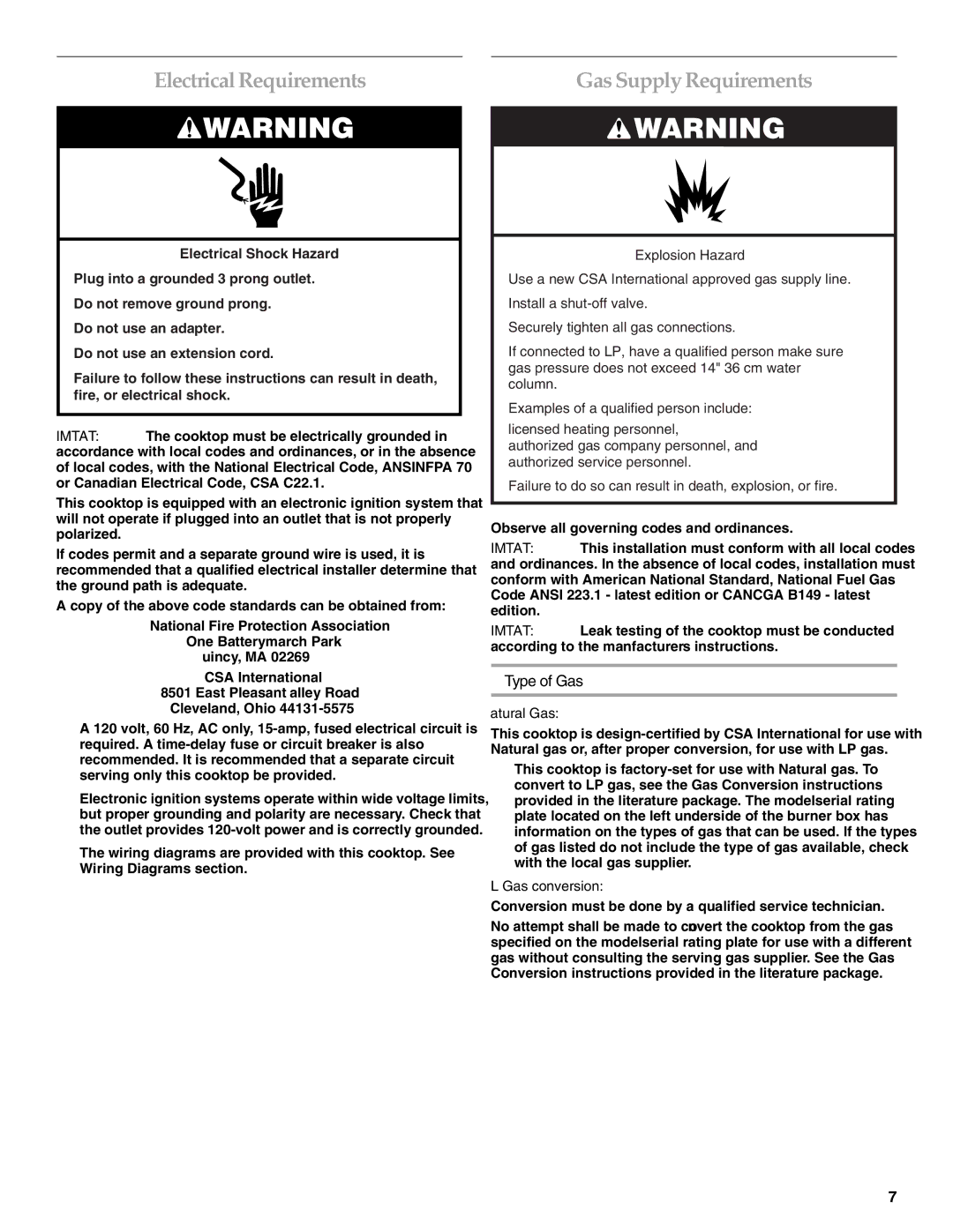 KitchenAid 9759405C Electrical Requirements, Gas Supply Requirements, Type of Gas, Natural Gas, LP Gas conversion 