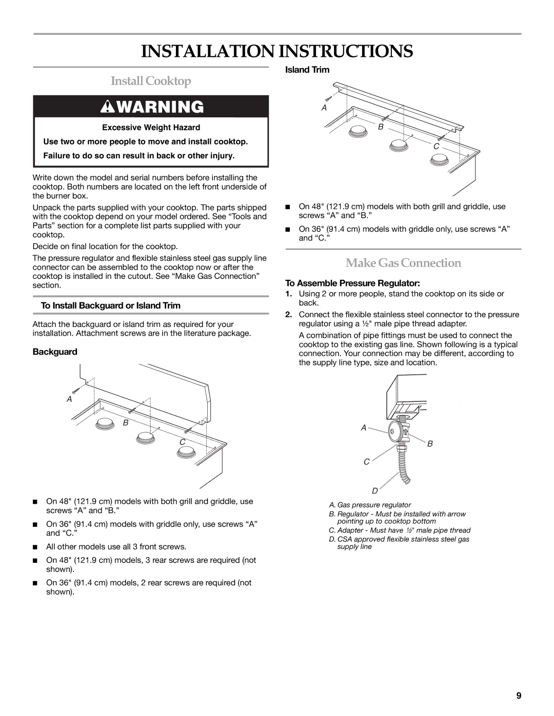 KitchenAid 9759405C installation instructions InstallCooktop, Make Gas Connection 