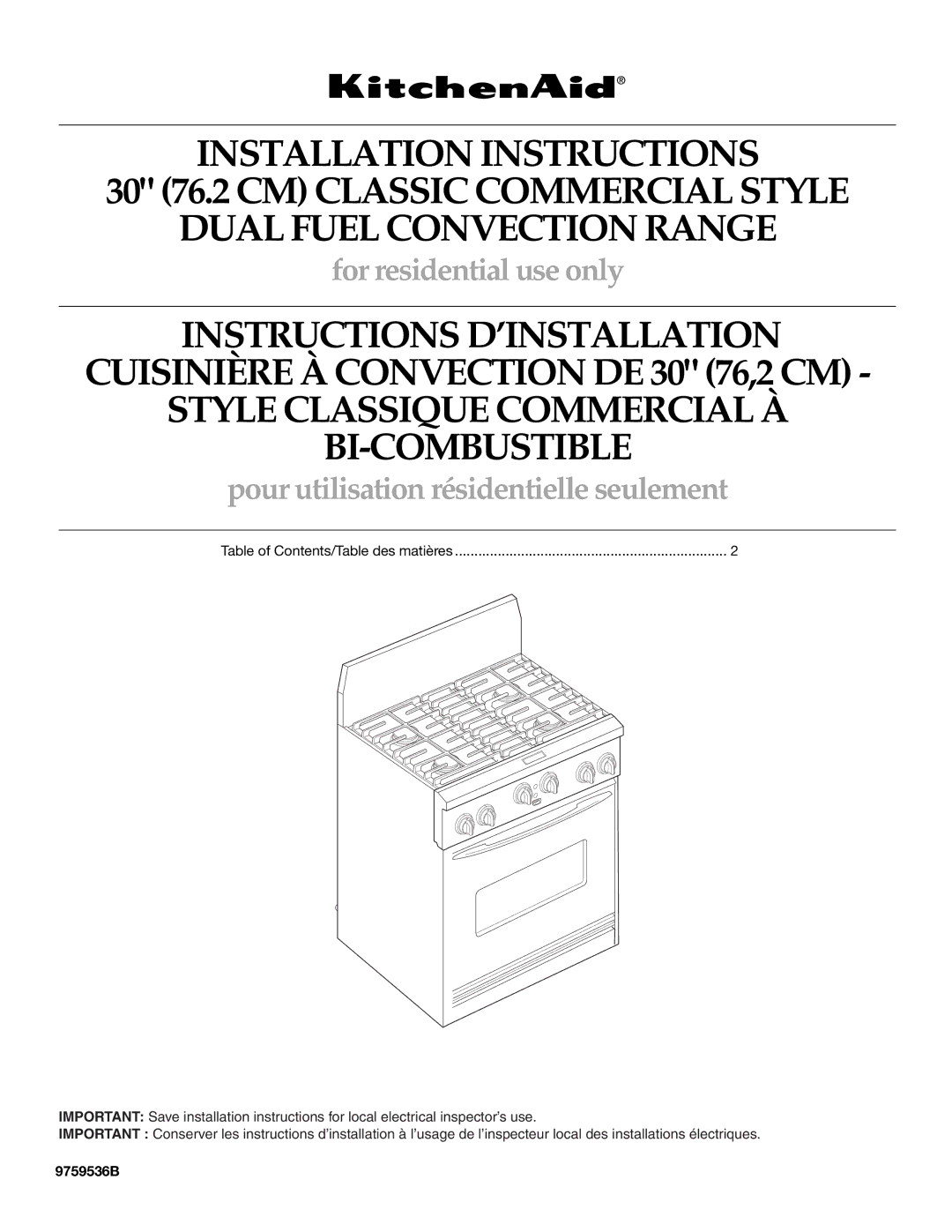 KitchenAid 9759536B installation instructions Style Classique Commercial À BI-COMBUSTIBLE 