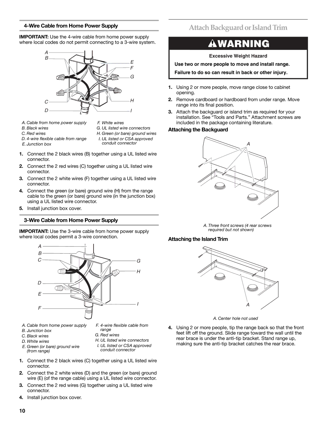 KitchenAid 9759536B Attach Backguard or Island Trim, Wire Cable from Home Power Supply, Attaching the Backguard 