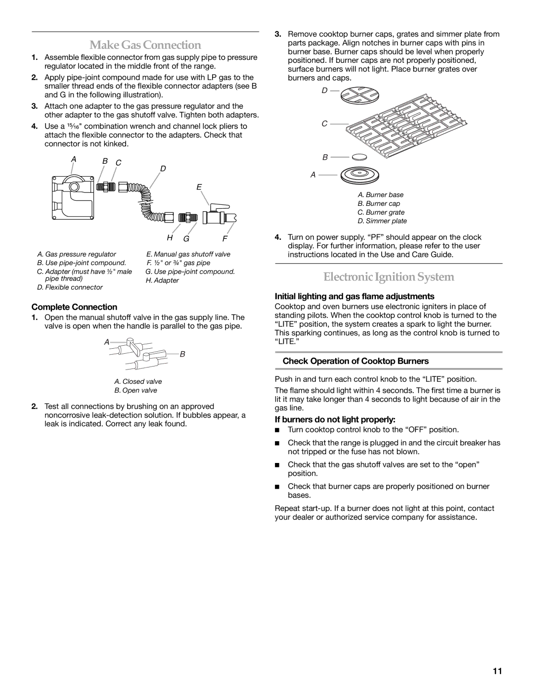 KitchenAid 9759536B installation instructions Make Gas Connection, Electronic Ignition System 