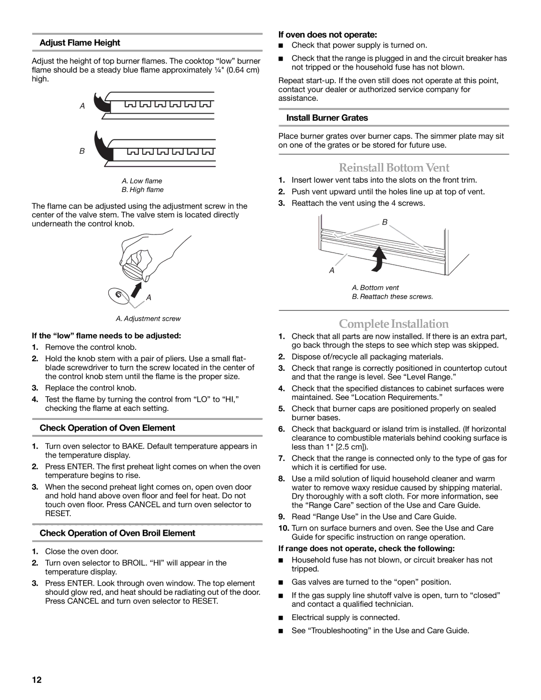 KitchenAid 9759536B installation instructions Reinstall Bottom Vent, Complete Installation 